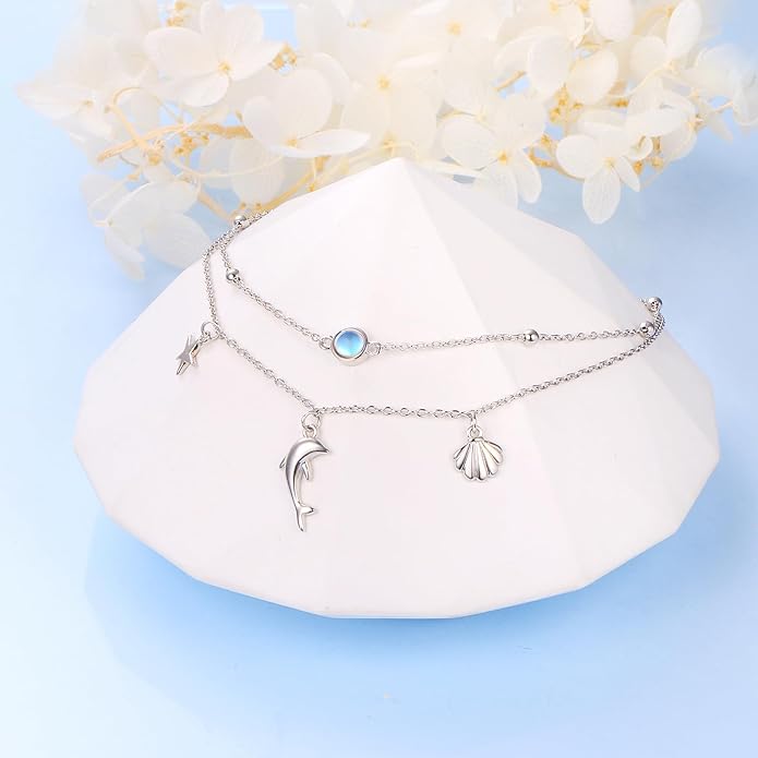 FLYOW Anklet for Women S925 Sterling Silver Adjustable Foot Beaded Heart Charm Ankle Bracelet Anklets Jewelry