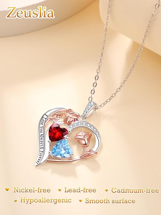 Zeuslia Double Birthstone Necklace Gifts for Wife - 925 Sterling Silver Sunflower/Rose/Crown Cross/Compass/Heart Pendant I Love You Necklace, Anniversary Birthday Gifts for Wife Girlfriend Mom Her