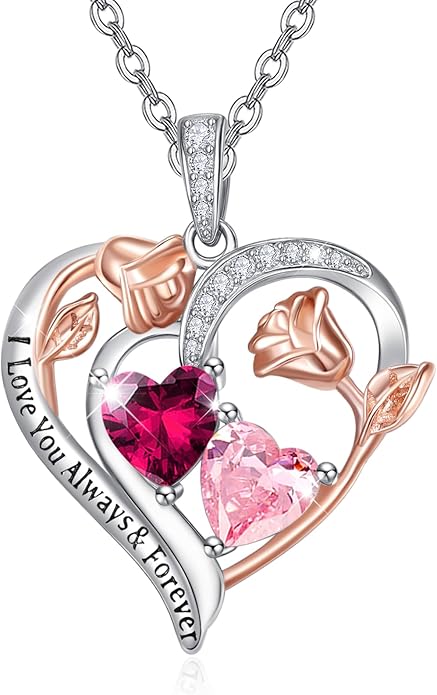 Zeuslia Double Birthstone Necklace Gifts for Wife - 925 Sterling Silver Sunflower/Rose/Crown Cross/Compass/Heart Pendant I Love You Necklace, Anniversary Birthday Gifts for Wife Girlfriend Mom Her