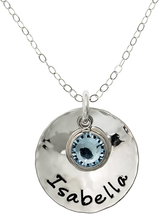 Sterling Silver Personalized Domed and Hammered One Name Necklace. Customize with Your Choice of Characters. Hammered Finish. Includes 925 Chain and Crystal Birthstone. Gifts for Her, Mother, Wife