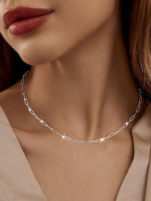 MBW Silver Paperclip Chain Necklace for Women,Dainty Sterling Silver Choker Necklaces for Women Trendy Simple Long Chunky Minimalist Waterproof Link Necklace Jewelry Gifts for Women 16/18/20 in