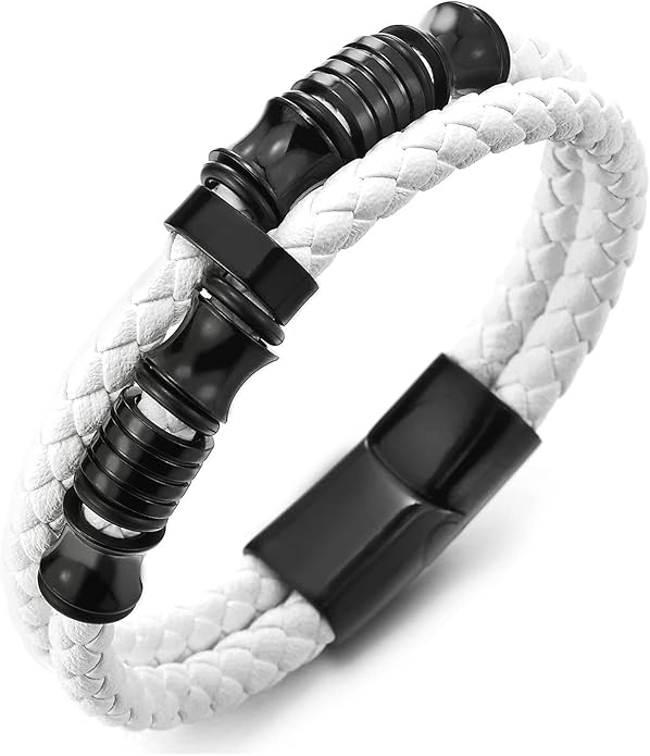 COOLSTEELANDBEYOND Mens Double-Row Braided Leather Bracelet Bangle Wristband with Stainless Steel Ornaments