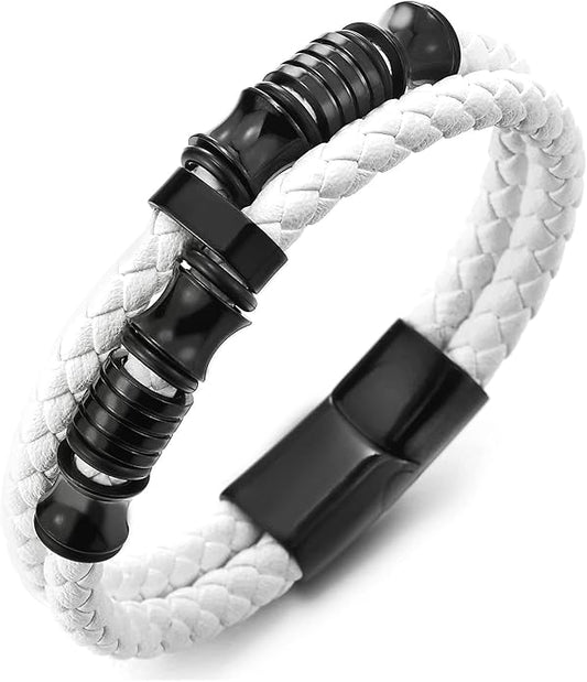 COOLSTEELANDBEYOND Mens Double-Row Braided Leather Bracelet Bangle Wristband with Stainless Steel Ornaments