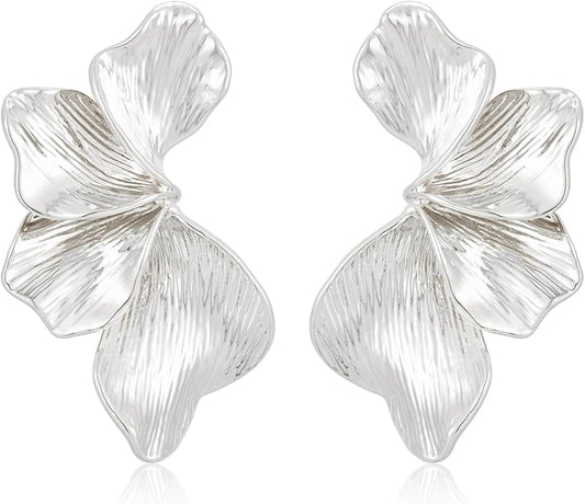 Chunky Gold Statement Earrings For Women Gold Plated Sectored Flower Leaf Shell Angel Wing Earrings Large Stud Earrings Hypoallergenic Earrings