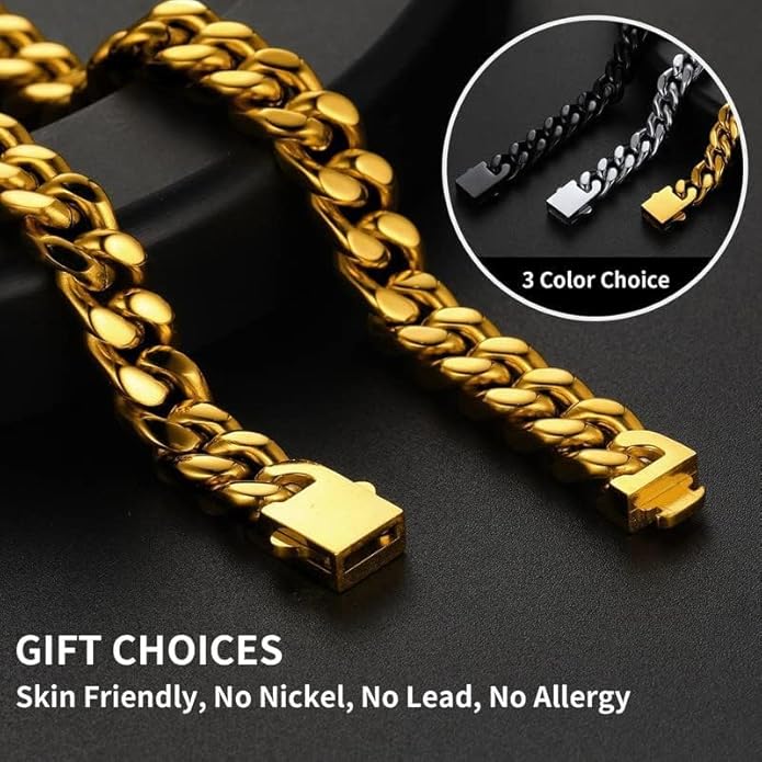 ChainsHouse Stainless Steel Cuban Link Bracelet for Men, 5mm/7mm/9mm/12mm Width, 7.5"/8.3"/9" Length, Black/18K Gold Plated Chain Wrist Bracelets for Men, with Gift Box