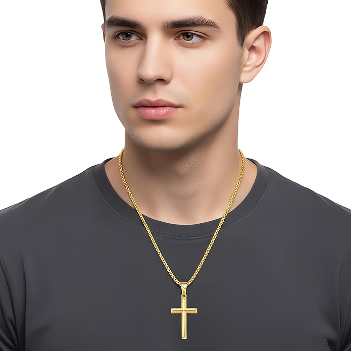 Fiusem Beveled Edge Cross Necklace for Men, Silver Tone/Black/14K Gold Plated Mens Cross Necklace, 2.5MM Stainless Steel Box Chain with Pendant
