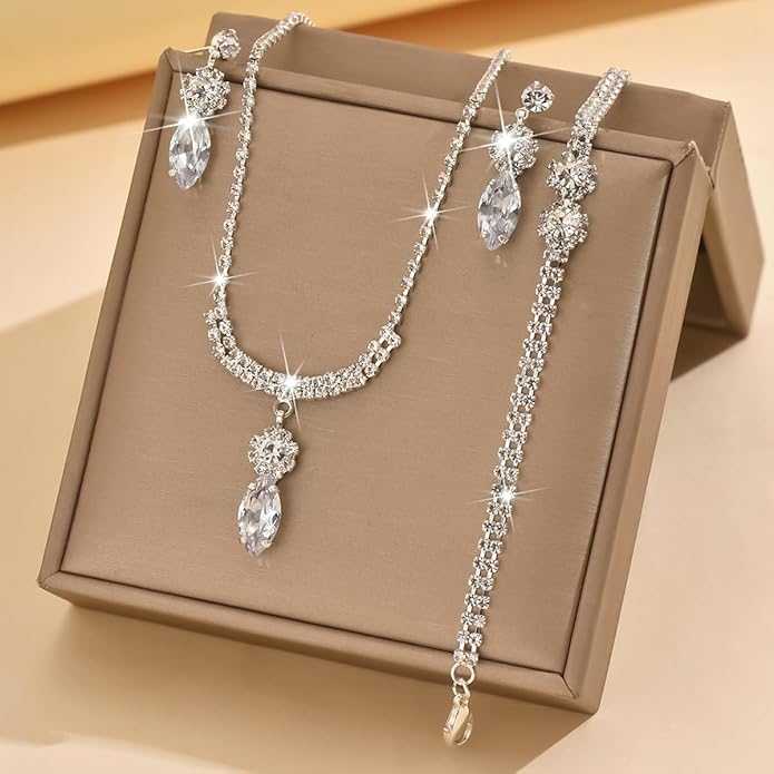MIFYNN Rhinestone Wedding Set for Women Sparkle Crystal Earrings Necklace Bracelet Jewelry Set Wedding Party Prom Jewelry Set for Brides Bridesmaid
