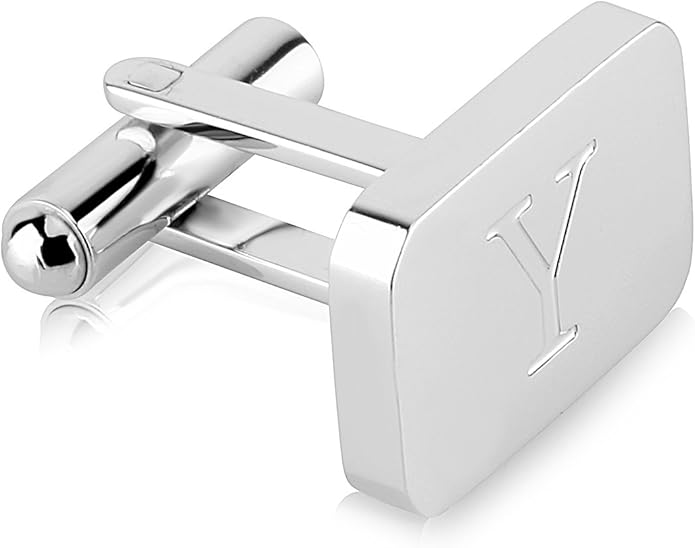 18K White-Gold Plated Initial Engraved Stainless Steel Men’s Cufflinks With Gift Box -Personalized Alphabet Letter’s A-Z By Lux & Pair