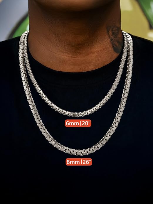 FaithHeart Mens Black/Silver/Gold Stainless Steel Flat Box Link Chain Necklace, Stylish 2/4/6/8mm Width Box Chains Necklaces for Men Non Tarnish Hip Hop Chain Jewelry Gifts,14"-30" Length