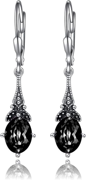 AOBOCO Vintage Earrings for Women Sterling Silver Retro Drop Dangle Leverback Earrings with 8x6mm Oval Genuine or Simulated Birthstone Crystal from Austria, Anniversary Jewelry Gifts for Her Women