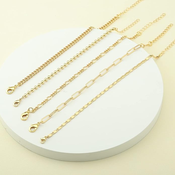 Gold Bracelets for Women Trendy,14K Gold Plated Dainty Stackable Paperclip Cuban Link Chain Bracelets, Simple Cute Cuff Bracelets Jewelry Set Adjustable 7"+2"