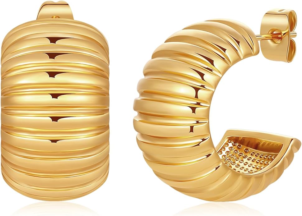 8YEARS Chunky Gold Hoop Earring for Women, 18K Gold Plated Lightweight Thick Hoops, Hypoallergenic Trendy Jewelry for Gift