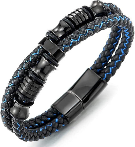 COOLSTEELANDBEYOND Mens Double-Row Braided Leather Bracelet Bangle Wristband with Stainless Steel Ornaments