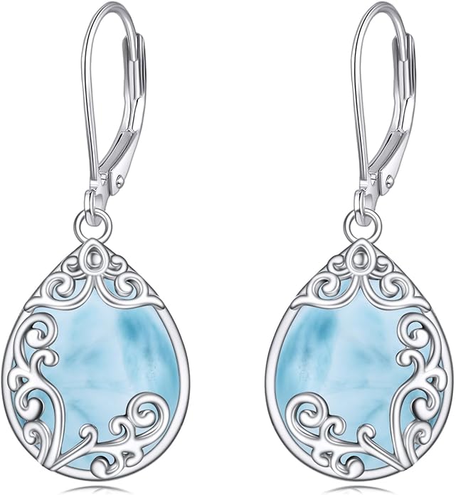 Filigree Earrings Sterling Silver Teardrop Moonstone Moss Agate Lapis Lazuli Larimar Emerald Peridot Opal Dangle Dangly Drop Leverback Earrings Boho Jewelry Gifts for Women