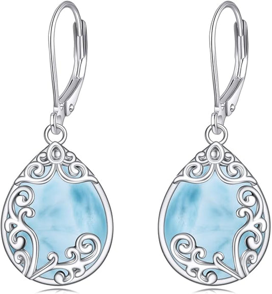 Filigree Earrings Sterling Silver Teardrop Moonstone Moss Agate Lapis Lazuli Larimar Emerald Peridot Opal Dangle Dangly Drop Leverback Earrings Boho Jewelry Gifts for Women