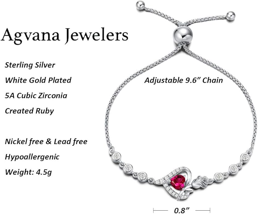 AGVANA Rosy Reverie Birthstone Bracelet for Women Sterling Silver Genuine or Created Gemstone Tennis Bracelet Rose Heart Jewelry Anniversary Birthday Gifts for Women Mom Wife Her