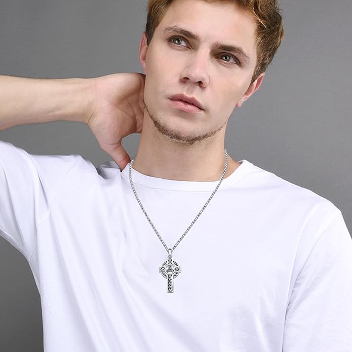 Midir&Etain Celtic Cross Necklace 925 Sterling Silver Cross Pendant Necklace Celtic Viking Irish Jewelry Religious Protective Gift for Men Women