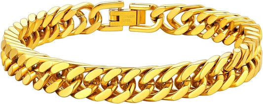 ChainsHouse Stainless Steel Cuban Link Bracelet, 8mm/12mm/17mm Width, 7.5"/8.3"/9", 18K Gold Plated Chain Wrist Bracelets for Men Women, Send Gift Box