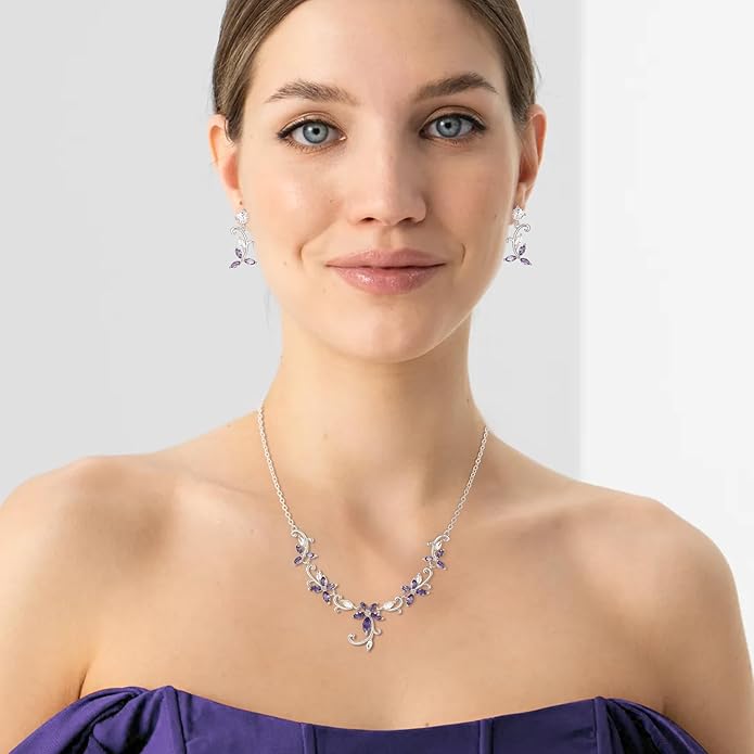 Crysdue Flower Leaf Wedding Jewelry Set for Bridal Bridemaid, Cubic Zirconia Teardrop Elegant Silver/14K/Rose Gold Plated Vine Necklace Dangle Earrings for Prom Party