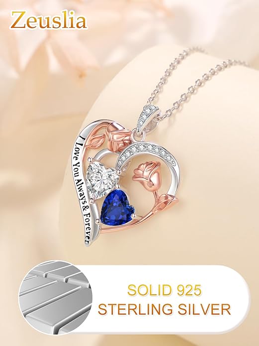Zeuslia Double Birthstone Necklace Gifts for Wife - 925 Sterling Silver Sunflower/Rose/Crown Cross/Compass/Heart Pendant I Love You Necklace, Anniversary Birthday Gifts for Wife Girlfriend Mom Her