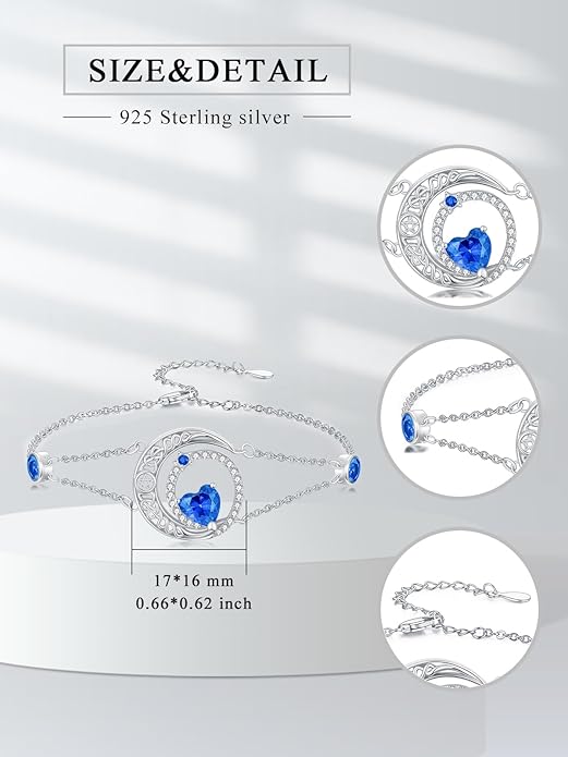 Dorunmo 925 Sterling Silver Moon Heart Birthstone Anklet Bracelets for Women Best Mother's Day Birthday Jewelry for Wife Girlfriend Mom Her