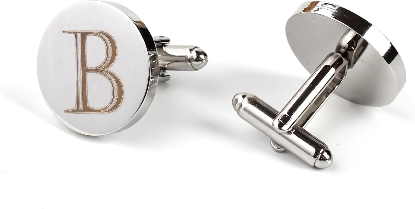 Mens Initial Silver Cufflinks A-Z Alphabet Letter Steel Cuff Links with Engraved Walnut Wood Box Groom Groomsman Wedding Set…