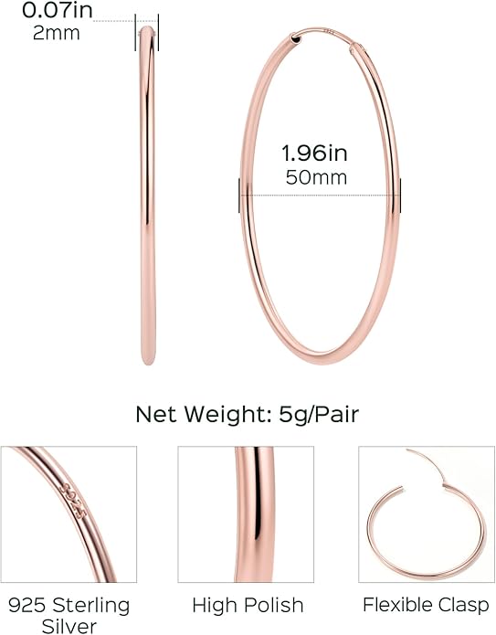 ChicSilver Hypoallergenic 925 Sterling Silver Hoop Earrings for Women, Lightweight Large Gold Plated Hoop Earrings, Endless Hoops Earring 20/30/40/50/60/70MM