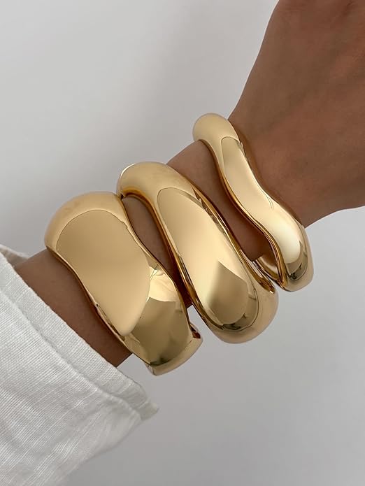 Chunky Gold Bangles Bracelets for Women Trendy Stack Statement Bangle Irregular Cuff Bracelets Fashion Jewelry Gift