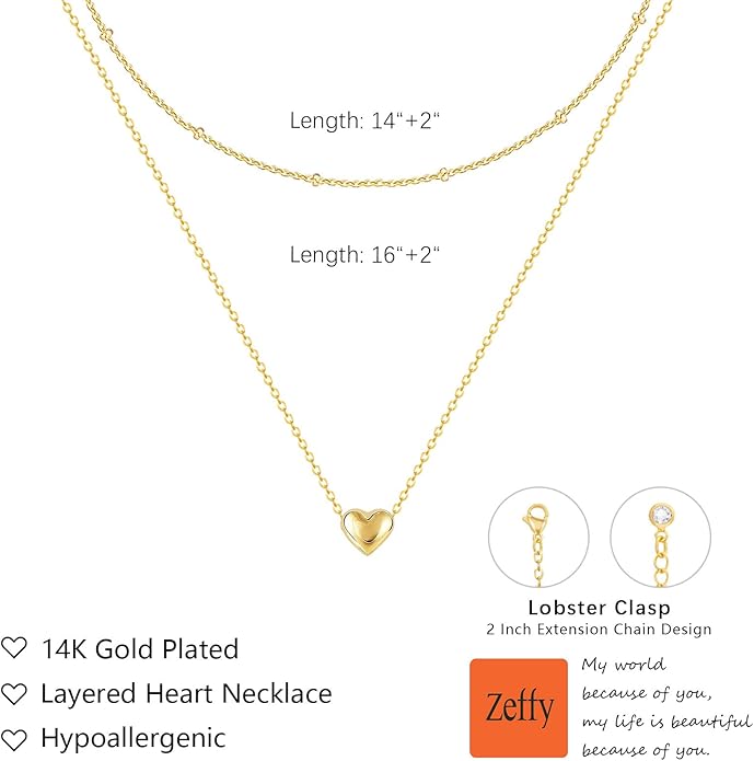 Zeffy Dainty Gold Heart Necklace for Women Trendy 14K Gold/Silver Plate Cute Heart Pendant Choker Necklaces Gold Love Heart Chain Necklace for Women Dainty Gold Jewelry Gifts for Women