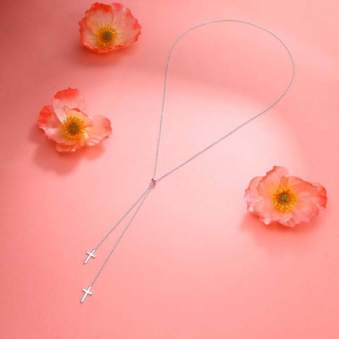FLYOW Long Chain Dainty Lariat Necklace Simple Style 925 Sterling Silver Heart Pendant Adjustable Y Shaped Necklace Jewelry