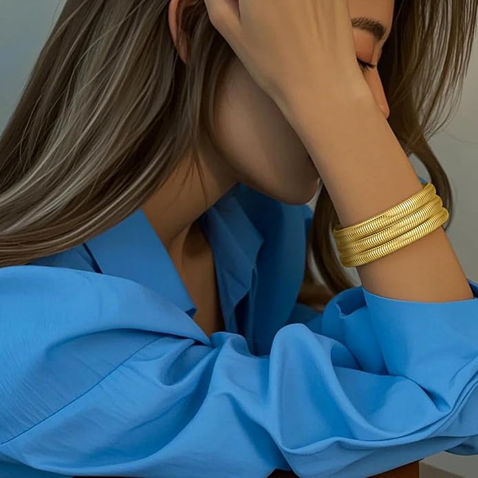 Emibele Gold Bangles Bracelet Set for Women, 18K Gold Plated Chunky Stainless Steel Non Tarnish Stretch Bracelet Stack, Flexible Wide Wristband Bangle Layered Snake Chain Bracelets