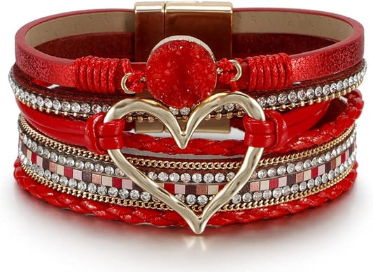 Fesciory Leopard Bracelet for Women, Boho Leather Wrap Multi-Layer Pearl Crystal Bracelet Bangle Jewelry