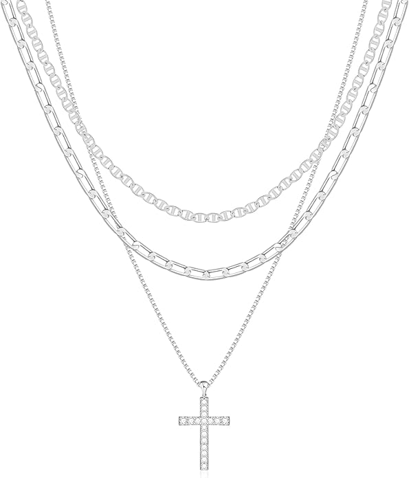 ASCOMY Gold Necklace for Women 14K Gold/Silver Plated Layered Necklaces Stackable Layering Cross Necklace Stacked Coin Pendant Pearl Herringbone Chain Stacking Gold Choker Trendy Jewelry Gift for Her