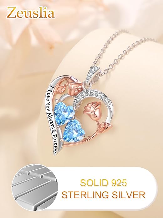 Zeuslia Double Birthstone Necklace Gifts for Wife - 925 Sterling Silver Sunflower/Rose/Crown Cross/Compass/Heart Pendant I Love You Necklace, Anniversary Birthday Gifts for Wife Girlfriend Mom Her