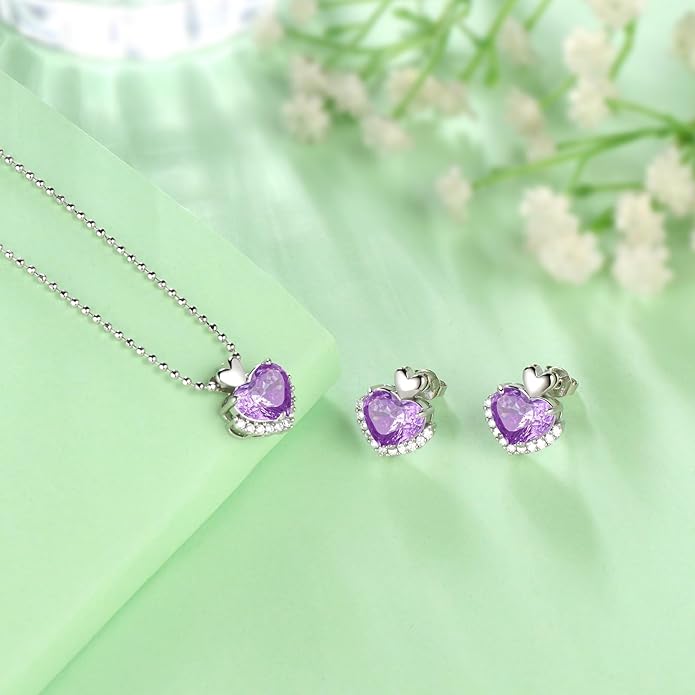 Ydou Love Heart Necklaces and Earrings with Rose Cut Birthstone Silver Plated Elegant Jewelry Set for Women CS0002