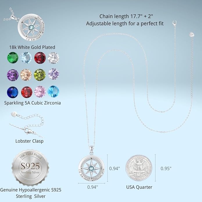 Compass Necklace for Women Wife Girlfriend Mom Daughter Gifts S925 Silver Jewelry For Anniversary Rose Gold Gifts For Birthday Christmas Mothers Valentines Day 12 Birthstones