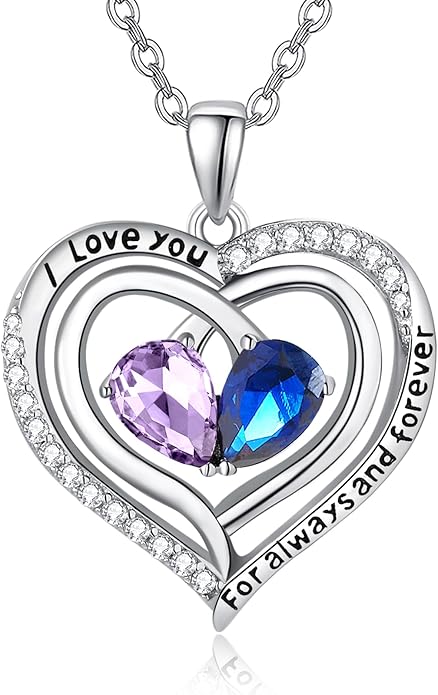 Zeuslia Double Birthstone Necklace Gifts for Wife - 925 Sterling Silver Sunflower/Rose/Crown Cross/Compass/Heart Pendant I Love You Necklace, Anniversary Birthday Gifts for Wife Girlfriend Mom Her