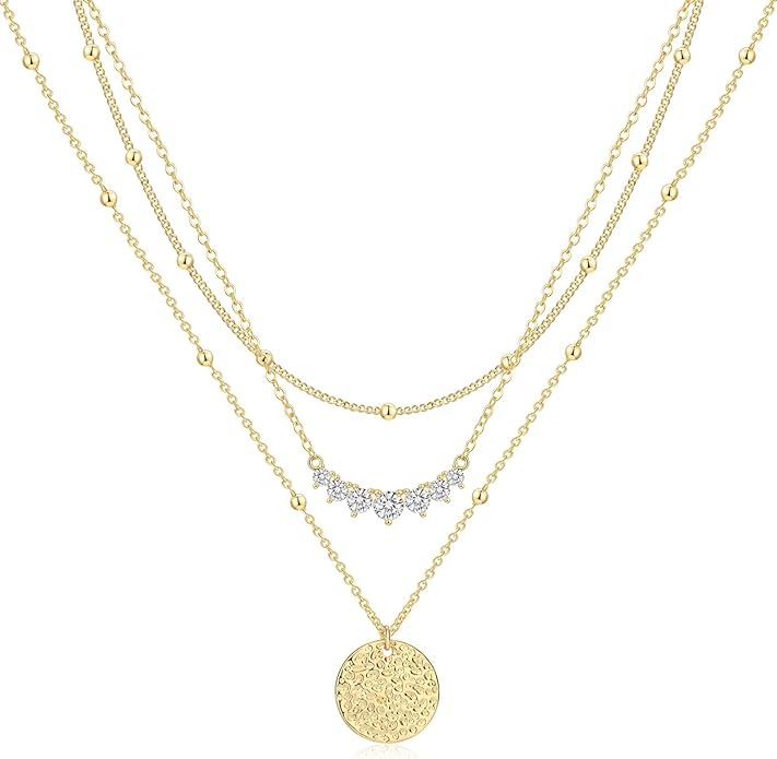 ASCOMY Gold Necklace for Women 14K Gold/Silver Plated Layered Necklaces Stackable Layering Cross Necklace Stacked Coin Pendant Pearl Herringbone Chain Stacking Gold Choker Trendy Jewelry Gift for Her
