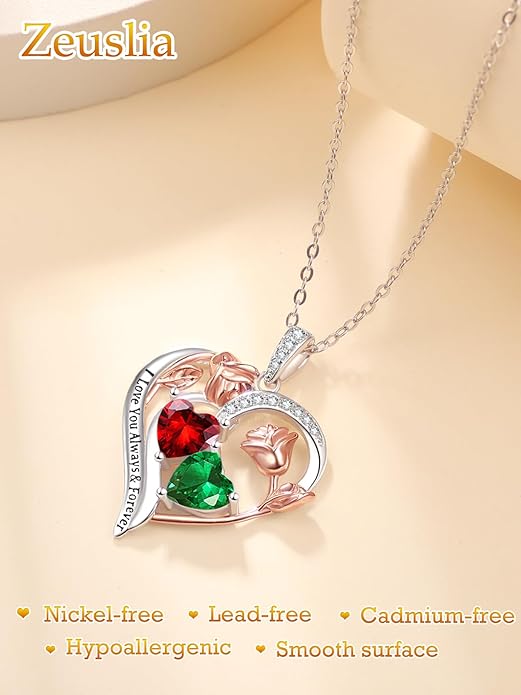 Zeuslia Double Birthstone Necklace Gifts for Wife - 925 Sterling Silver Sunflower/Rose/Crown Cross/Compass/Heart Pendant I Love You Necklace, Anniversary Birthday Gifts for Wife Girlfriend Mom Her