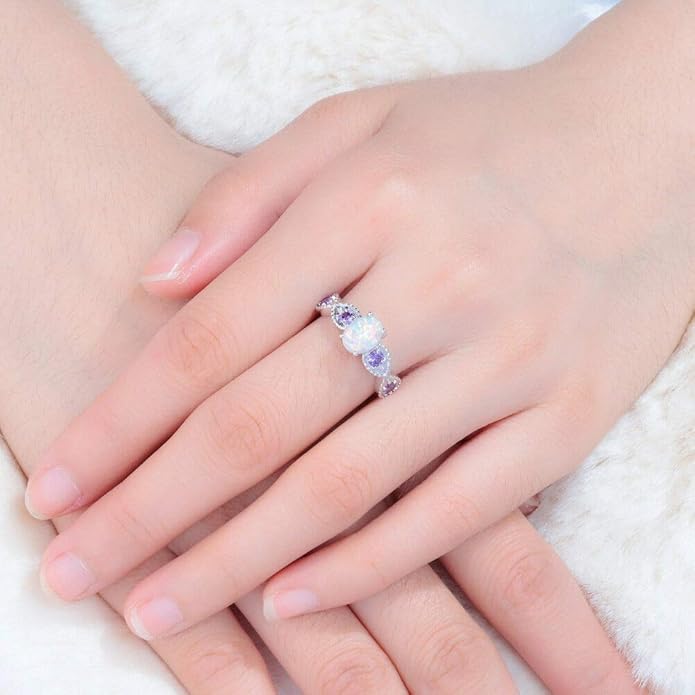CiNily 18K Gold Plated Opal Ring-White Fire Opal & Amethyst & Cubic Zirconia Women Jewelry Gemstone Engagement Anniversary Ring Size 5-13