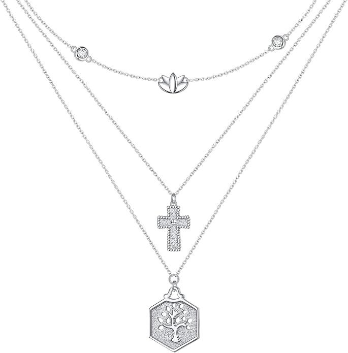Layered Necklaces for Women 925 Sterling Silver Cross Triple Long Chain Pendant Necklace Lotus Tree of Life Pendant Necklace for Women Jewelry