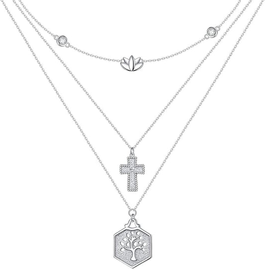 Layered Necklaces for Women 925 Sterling Silver Cross Triple Long Chain Pendant Necklace Lotus Tree of Life Pendant Necklace for Women Jewelry