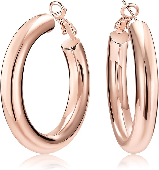 SHOWNII Chunky Gold Hoop Earrings - 14K Gold Plated Earrings for Women Hollow Tube Thick Hoops Graduation Gifts for Her