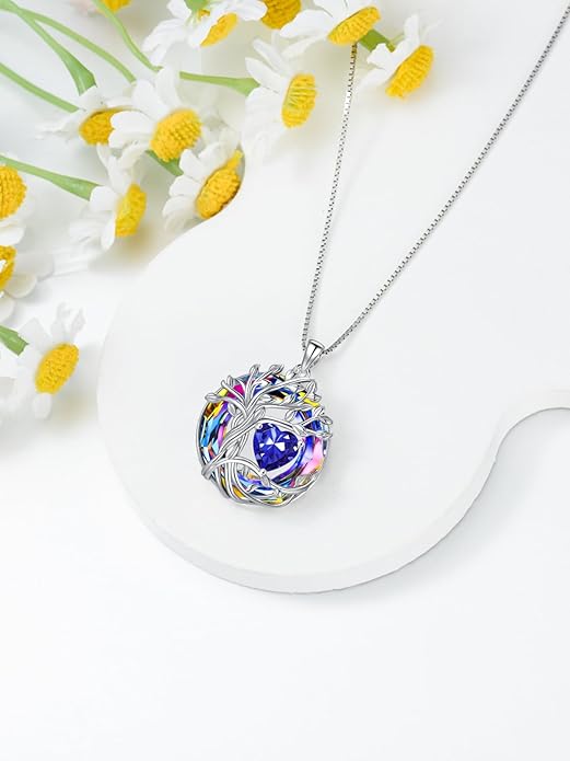 TOUPOP Christmas Gifts Tree of Life Birthstone Necklace 925 Sterling Silver Pendant Austrian Crystal Jewelry Anniversary Birthday Gifts for Women Mom Her Wife