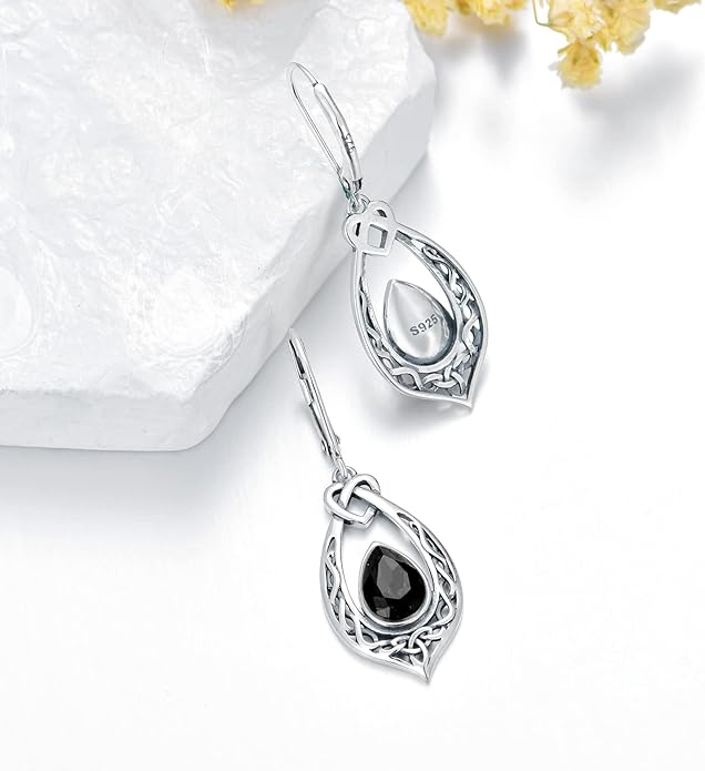 Celtic Knot Dangle Earrings 925 Sterling Silver Oxidized Vintage Drop Leverback Earrings with 8 * 6mm Simulated Birthstone Crystal Christmas Jewelry Gifts for Women (Gift Box)
