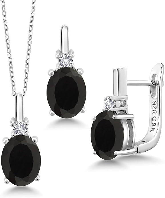 Gemstone Birthstone and White Created Sapphire Pendant and Earrings Jewelry Set for Women in 925 Sterling Silver | Oval 8X6MM and Round 2.5MM | With 18 Inch Chain | Fine Jewelry for Her Mom Women Wife