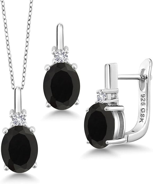 Gemstone Birthstone and White Created Sapphire Pendant and Earrings Jewelry Set for Women in 925 Sterling Silver | Oval 8X6MM and Round 2.5MM | With 18 Inch Chain | Fine Jewelry for Her Mom Women Wife