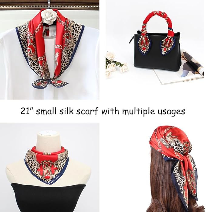 ANDANTINO 100% Pure Mulberry Silk Small Square Scarves -21'' x 21''- Digital Printed Neckerchief –Women Men Lightweight Scarf