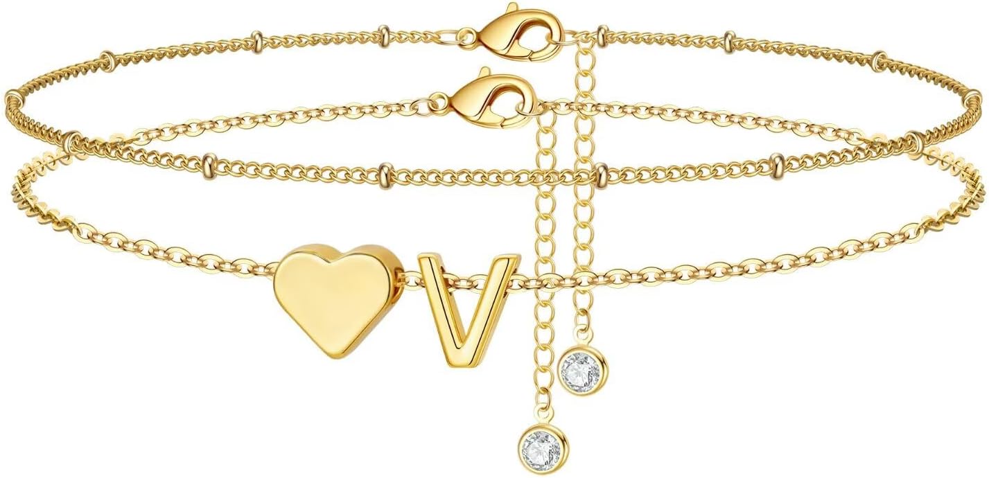 M MOOHAM Gold Initial Ankle Bracelets for Women - Layered Heart Letter A-Z Initial Dainty Gold Anklets for Women Waterproof, Womens Anklets Jewelry Birthday Gifts Jewelry