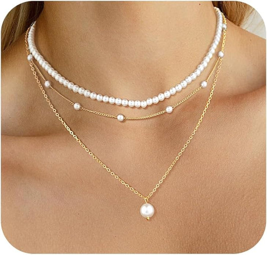 DIBOLA Gold Jewelry Set for Women, Dainty Layered 14K Gold/Silver Pearl Choker Necklaces and Earring Set Pearl Earrings Bracelets Wedding Bride Jewelry